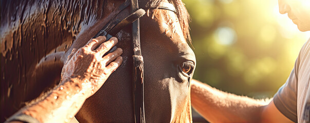 Fototapeta premium Man and horse indoor detail. horse in a stable with backlight.