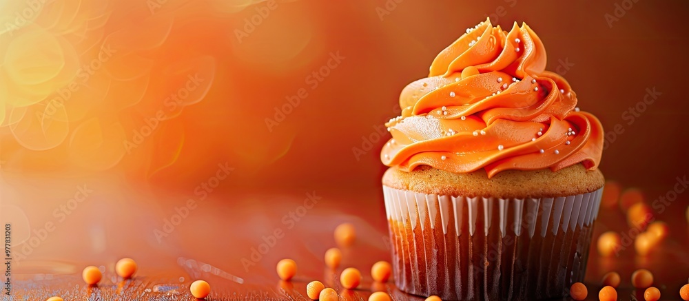 Poster orange birthday cake cupcake. copy space image. place for adding text and design