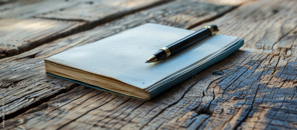 Poster notebook and pen on a weathered wooden table. copy space image. place for adding text and design