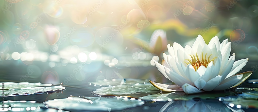 Aufkleber beautiful white water lily flowering in a lake. copy space image. place for adding text and design
