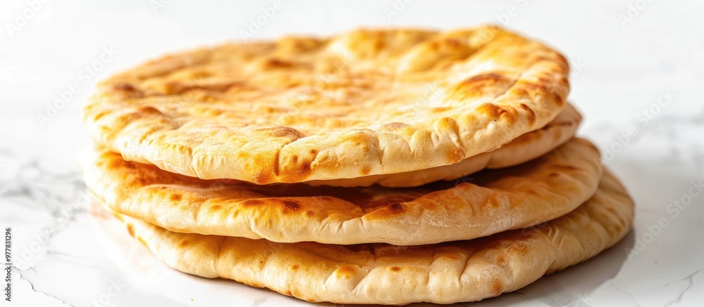 Poster thin pita bread against a white background close up of armenian pita bread. copy space image. place 