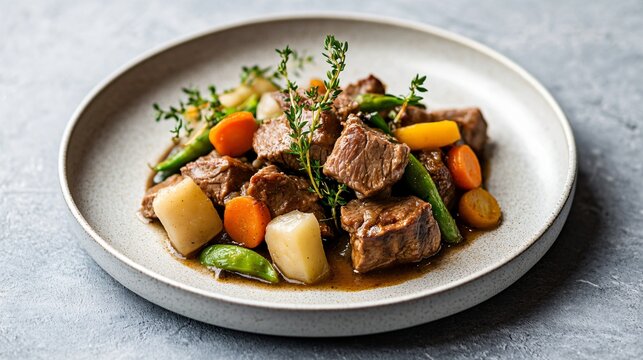 A plate of navarin d&rsquo;agneau (lamb stew with spring vegetables), isolated on a matte grey background for a hearty, comforting presentation