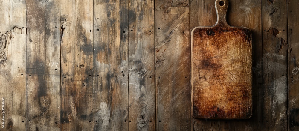 Poster cutting board on a wooden surface background. copy space image. place for adding text and design