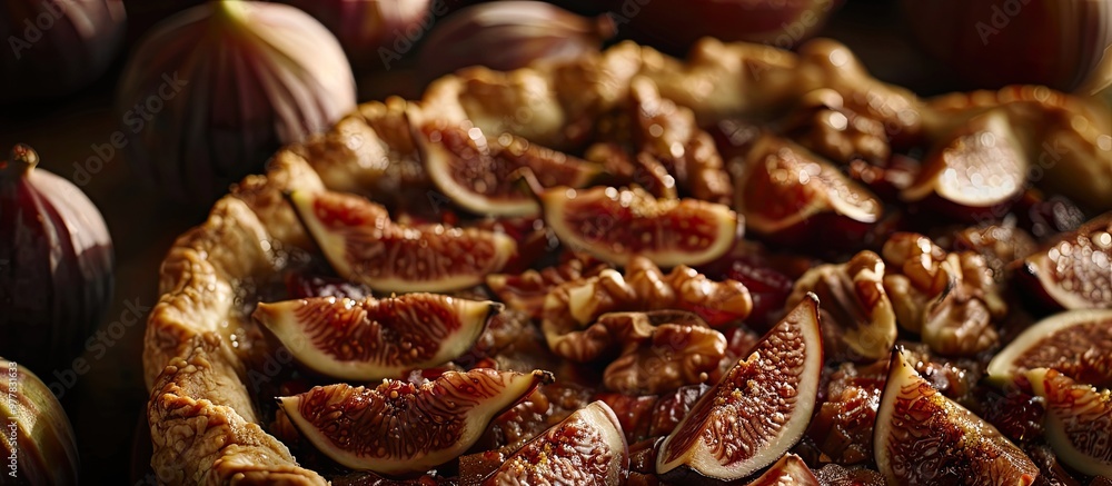 Poster close up of a walnut and fig pie. copy space image. place for adding text and design