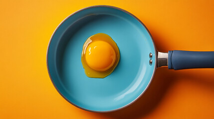 Whole raw egg yolk in a blue frying pan against an orange background, simple yet striking.