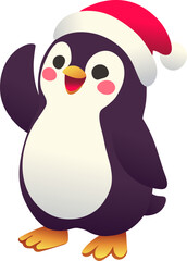 Cheerful Penguin Waving in Santa Hat (Gradient Color Style)