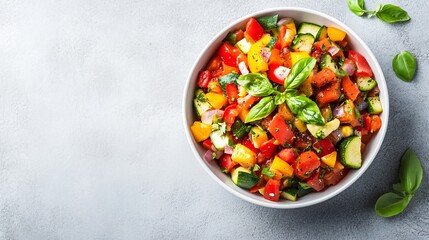 A portion of ratatouille with vibrant vegetables, isolated on a light grey background to enhance the colorful presentation
