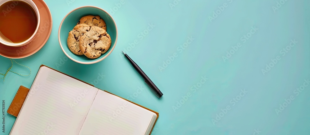 Poster blank open book cookies and notebook on a colored background. copy space image. place for adding tex