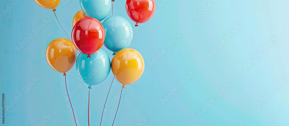 Poster a collection of colorful balloons on a light blue background with space for text banner design. copy