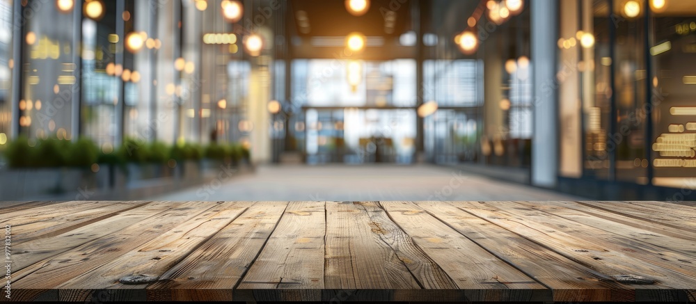 Poster empty wooden tabletop and blurred glass wall building banner mockup abstract background suitable for