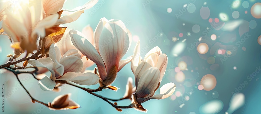 Poster fresh magnolia flowers and a spring workspace of free space. copy space image. place for adding text