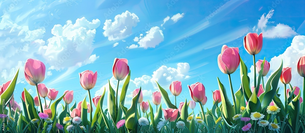 Poster vibrant tulips set against a blue sky adorned with white clouds. copy space image. place for adding 