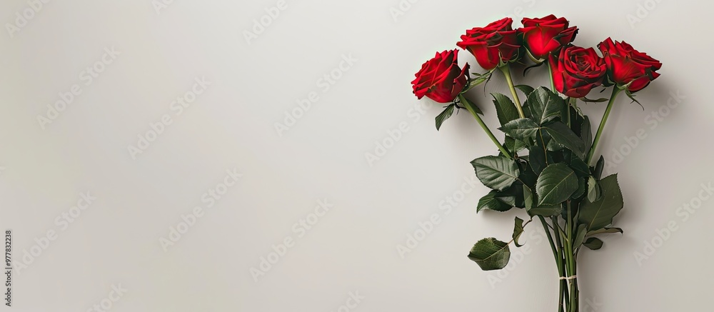 Poster close up of a festive bouquet of red roses against a light background seen from the side. copy space