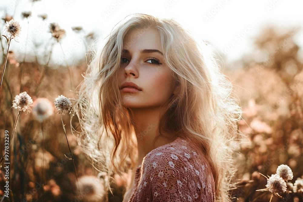 Sticker Beautiful blonde woman with long hair in a floral dress standing in a field with wildflowers, golden light, sunset