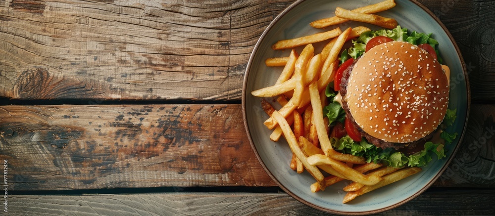 Aufkleber beef burger served with french fries and salad on a plate. copy space image. place for adding text a