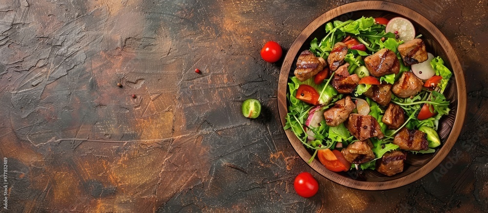 Poster warm salad slices of grilled meat and chopped barbecue vegetables. copy space image. place for addin