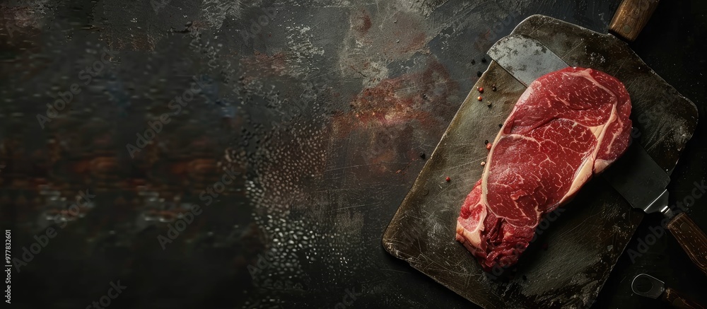 Poster raw marbled steak from shoulder blade beef with a meat cleaver on a dark backdrop. copy space image.