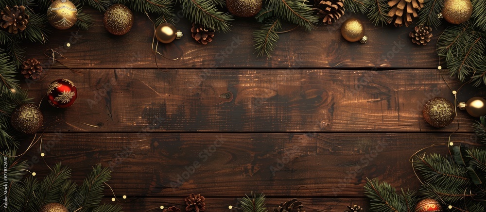 Aufkleber christmas backdrop featuring decorations on a wooden surface. copy space image. place for adding tex