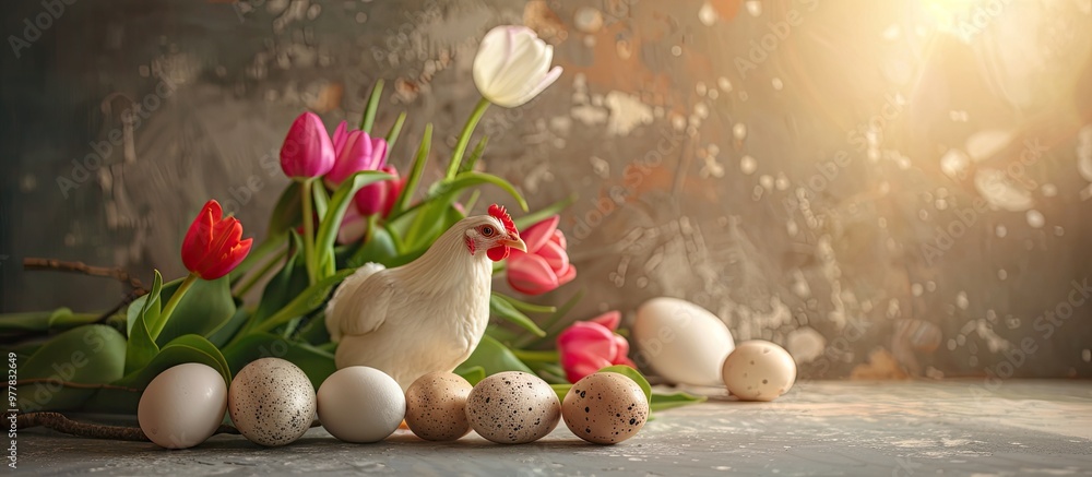 Poster chicken and quail eggs alongside tulips easter themed backdrop. copy space image. place for adding t