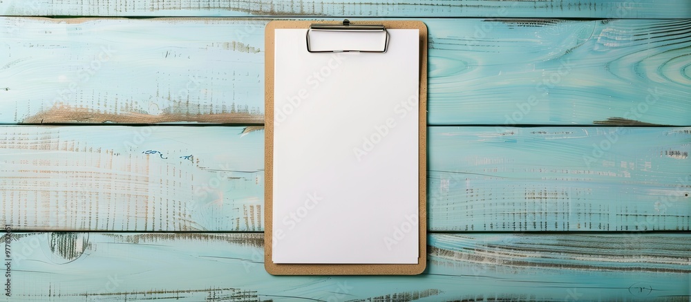 Poster a4 sized clipboard on a blue wooden table with natural morning light the background features a blank
