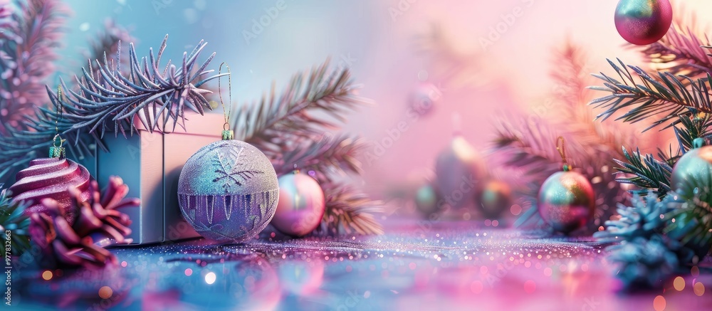 Poster new year and christmas atmosphere present box pine tree branches new year ornaments on a colorful ba