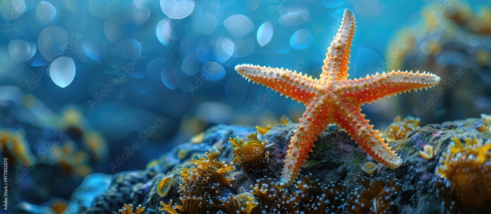 Poster large starfish set against a sea backdrop attractive ocean design. copy space image. place for addin