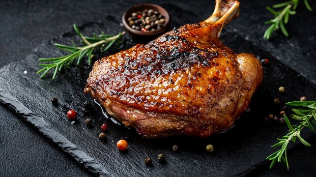 A serving of duck confit with crispy skin, isolated on a dark charcoal background to highlight the rich and savory texture