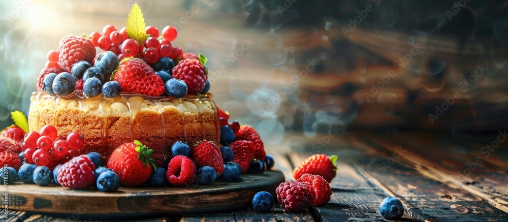 Poster tasty honey cake adorned with fresh berries dessert. copy space image. place for adding text and des