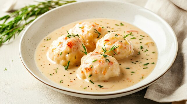 A serving of quenelles in a rich lobster sauce, isolated on a light beige background for a sophisticated and classic French dish