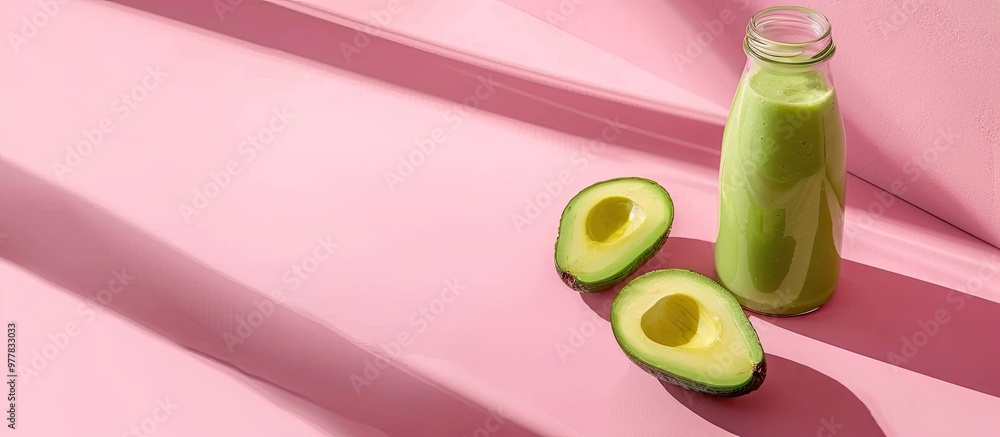 Poster green avocado smoothie in a bottle on a pink background creative pastel minimalism. copy space image