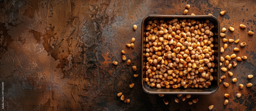 Poster pine nuts are placed in a square container vegetarianism fiber and proper nutrition close up copyspa