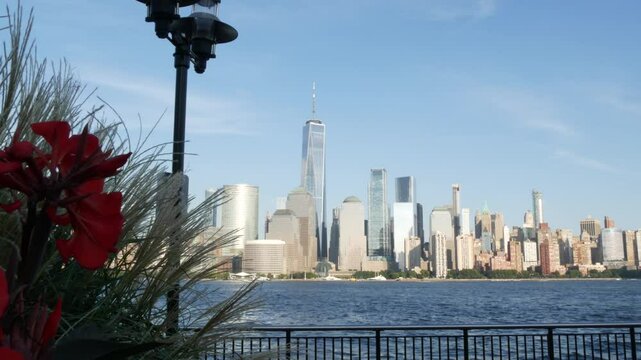 New York City waterfront skyline, Manhattan Downtown Financial district, World Trade Center building, riverfront skyscrapers. From Paulus Hook, New Jersey. United States architecture. Hudson river.