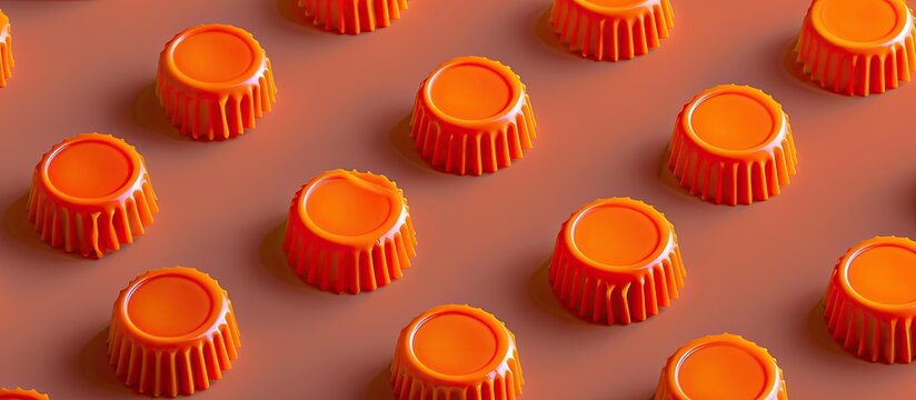 Mini orange bottle caps for pepper salt and micin tailored to personal preferences serve as kitchen tools for homemakers. Copy space image. Place for adding text and design