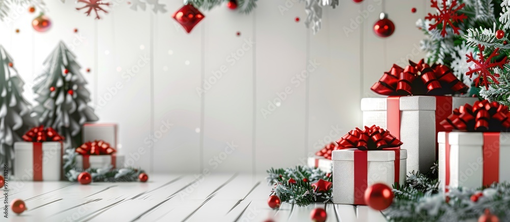 Poster christmas backdrop featuring decorations and gift boxes. copy space image. place for adding text and