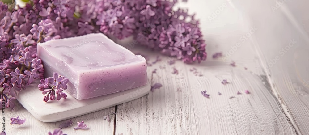 Poster soap with lilac blooms on a white wooden table. copy space image. place for adding text and design