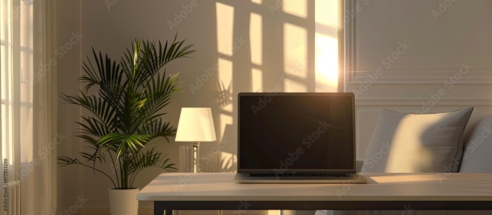 Poster contemporary laptop on a table in a room. copy space image. place for adding text and design