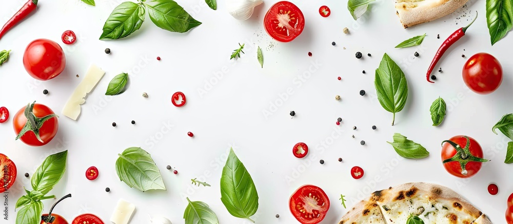 Poster colorful pizza toppings tomatoes cheese chili peppers and basil leaves on a white background top vie