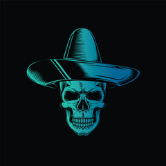 Skull in a sombrero. Dia De Los Muertos. Original vector illustration in vintage style isolated on black background. T-shirt design.