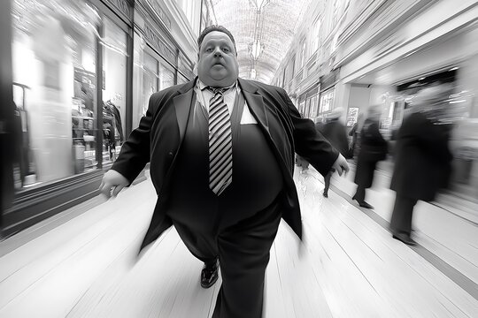 A black and white photograph of a fat man walking through fat crowd, blurred motion, shot from above, wearing modern attire