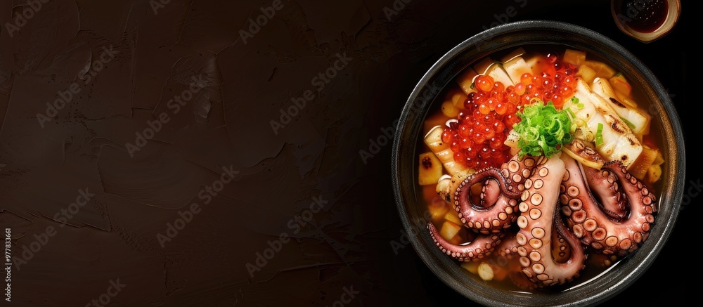 Poster japanese cuisine nagaimo yam sauteed with octopus. copy space image. place for adding text and desig