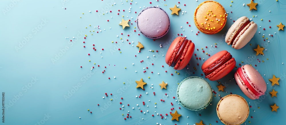 Poster colorful macaroons on a blue background with small stars top view flat lay style. copy space image. 
