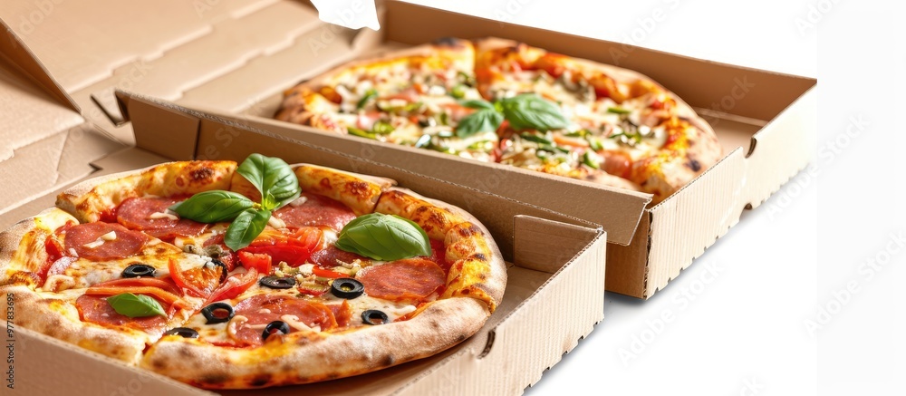 Poster pizza boxes set against a white background. copy space image. place for adding text and design