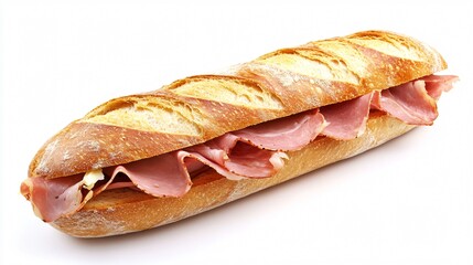 A traditional French baguette sandwich with ham and butter, isolated on a white background for a simple, classic look