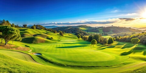 Obraz premium Panoramic view of a lush green golf course with rolling hills and a clear blue sky