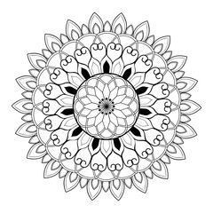 Black Line Mandala Coloring on White Background for Coloring Book, Henna, Mehndi, Tattoo, Decoration