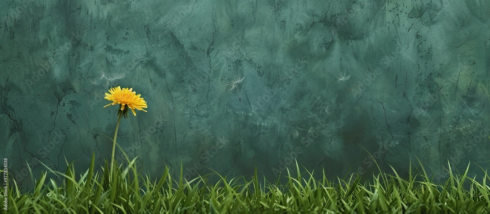 Poster yellow dandelion among the grass. copy space image. place for adding text and design