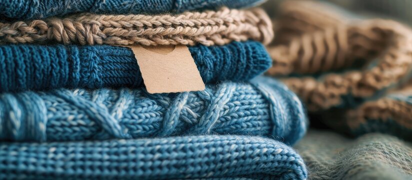 Saturated blue jeans and knitted pieces stacked with a color tag Concept of warm cozy home and fashion colors Square. Copy space image. Place for adding text and design
