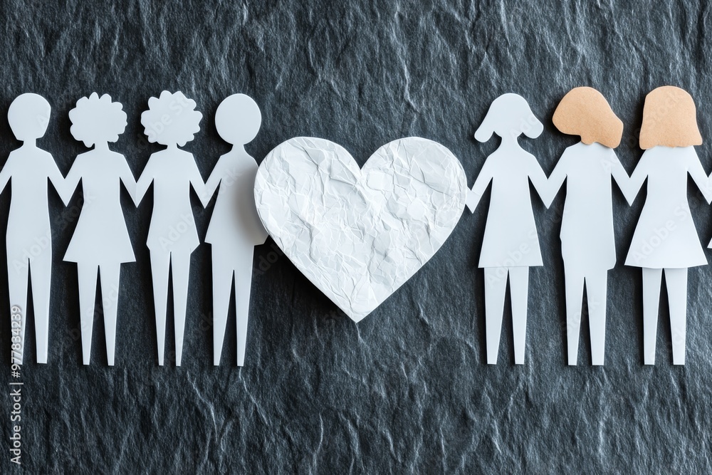 Poster paper figures holding hands in front of a heart shaped mural symbolizing unity emotional connection 