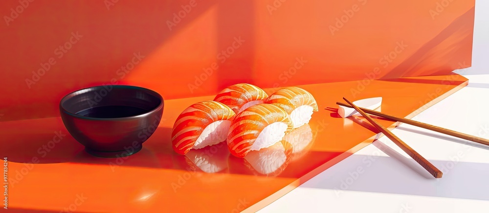 Poster fresh salmon nigiri alongside soy sauce and chopsticks on a red orange and white surface captured in