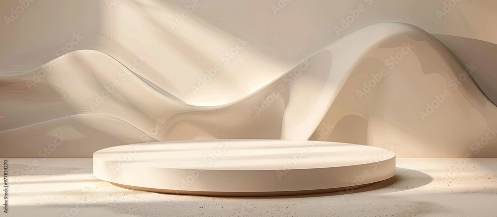 Poster podium stand platform for showcasing products abstract beige backdrop and white shapes mockup for br
